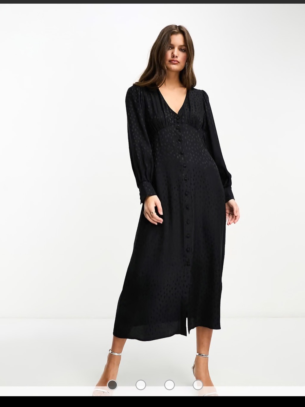 Black Long-Sleeve Button-Front Midi Dress with Subtle Jacquard Texture